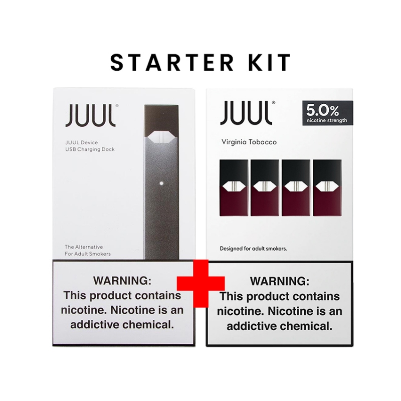 JUUL Starter Kit USA Edition, Virginia Tobacco, 5.0% nikotin, gri cihaz.