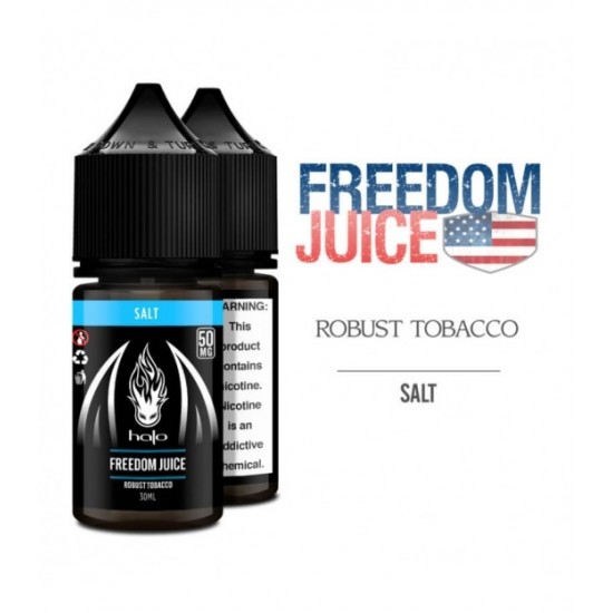 Halo Freedom Juice Salt Likit 30ml, Robust Tobacco aromalı, siyah şişe.