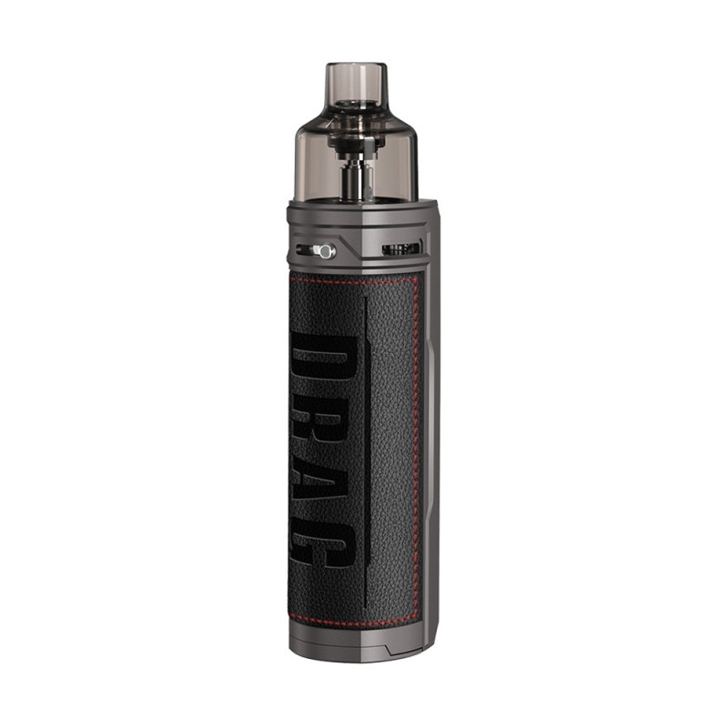 Voopoo Drag X Pod Mod siyah deri kaplama, gri gövde, elektronik sigara.