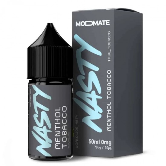 Nasty Juice Menthol Tobacco likit şişesi ve kutusu, koyu gri ambalajlı.