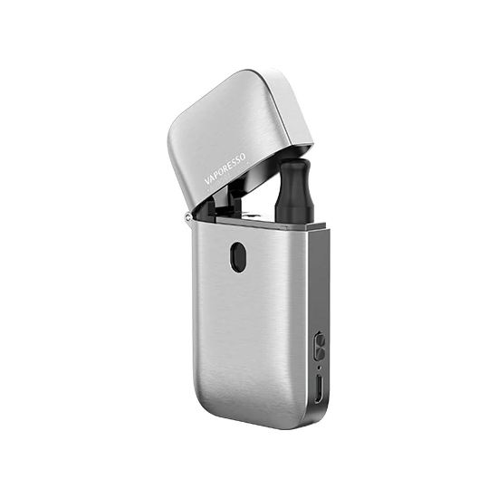 Vaporesso Aurora Play Pod Mod gümüş renkli, kapaklı elektronik sigara cihazı.