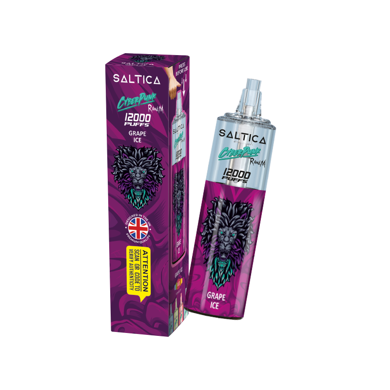 Saltica Cyberpunk 12000 Grape Ice tek kullanımlık elektronik sigara paketi ve cihazı.